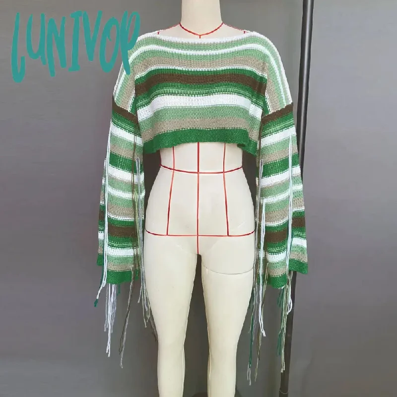 Lunivop Fashion Rainbow Knit Tops Elegant Long Sleeve Pullovers Round Neck Sexy Cover-Ups Stripe Cropped Top Oversized Graphic T Shirts