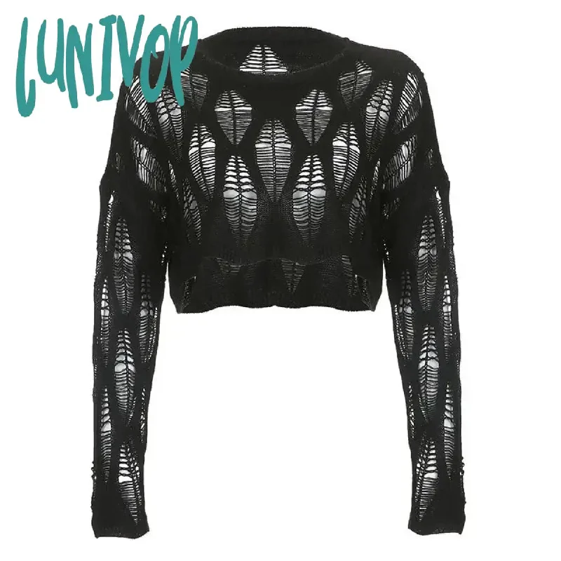 Lunivop Sexy Streetwear Crop Black T Shirts Women Y2k Hollow Knitted Cropped Mesh Top Female Goth 2000s Shirts Kpop Chic Tees