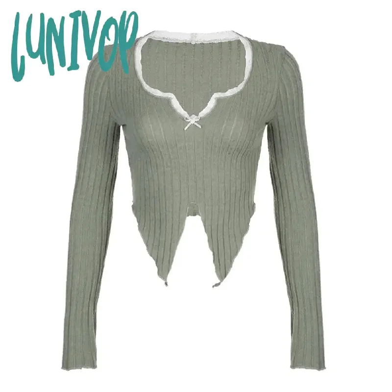 Lunivop Sweet Lace Patchwork Split Cropped Top Y2k Aesthetic Fairy Grunge Square Collar Long Sleeve T Shirt Women Slim Knitted Pullover