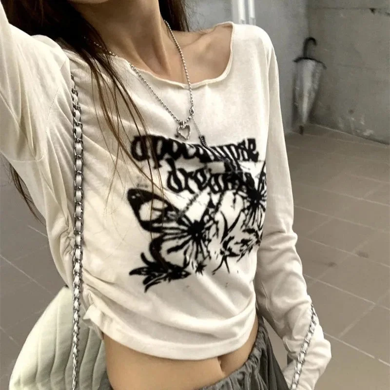 Lunivop  Vintage Grunge Y2k Cropped Tshirt for Women Graphic Print Kpop  Long Sleeve Summer Tees Coquette Aesthetic Harajuku