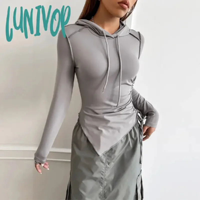 Lunivop Y2K Solid Pleated Hooded Tops Women Streetwear Long Sleeve Drawstring Irregular Slim T-shirt  Autumn Fashion Female Clothing