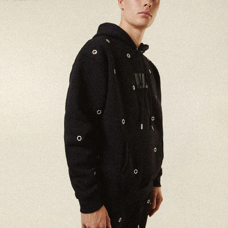 MULTI EYELET HOODIE - BLACK