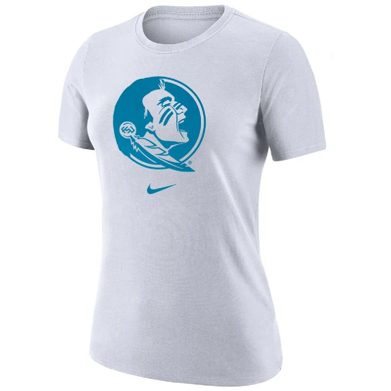 Nike Women's Turquoise Seminole Logo Short Sleeve Cotton T-shirt - White