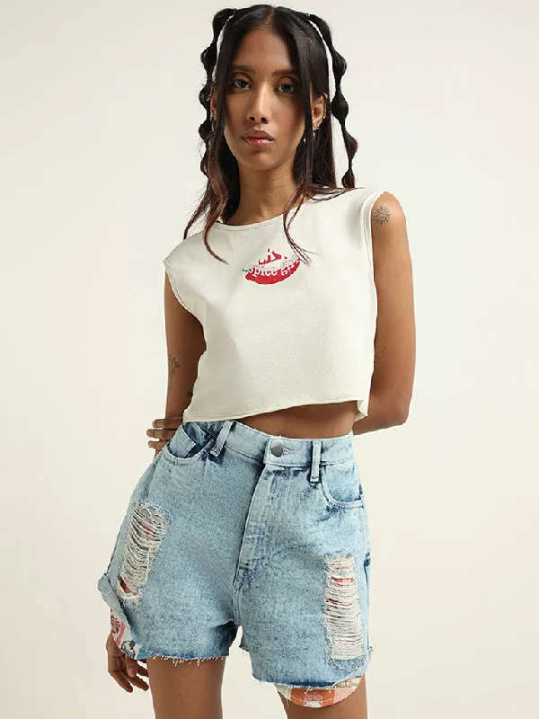 Nuon Off White Contrast Cotton Blend Crop T-Shirt