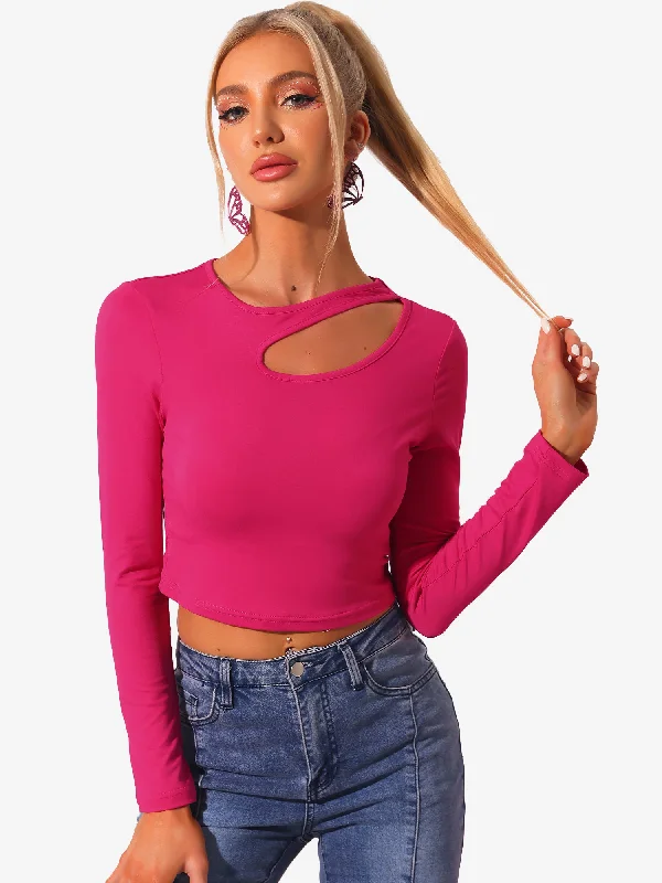 Long Sleeve Casual Cut Out Slim Fitted Basic Crop Tee Tops