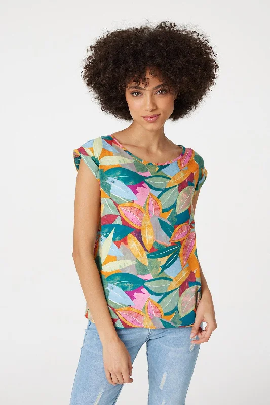 Leaf Print Short Sleeve Top