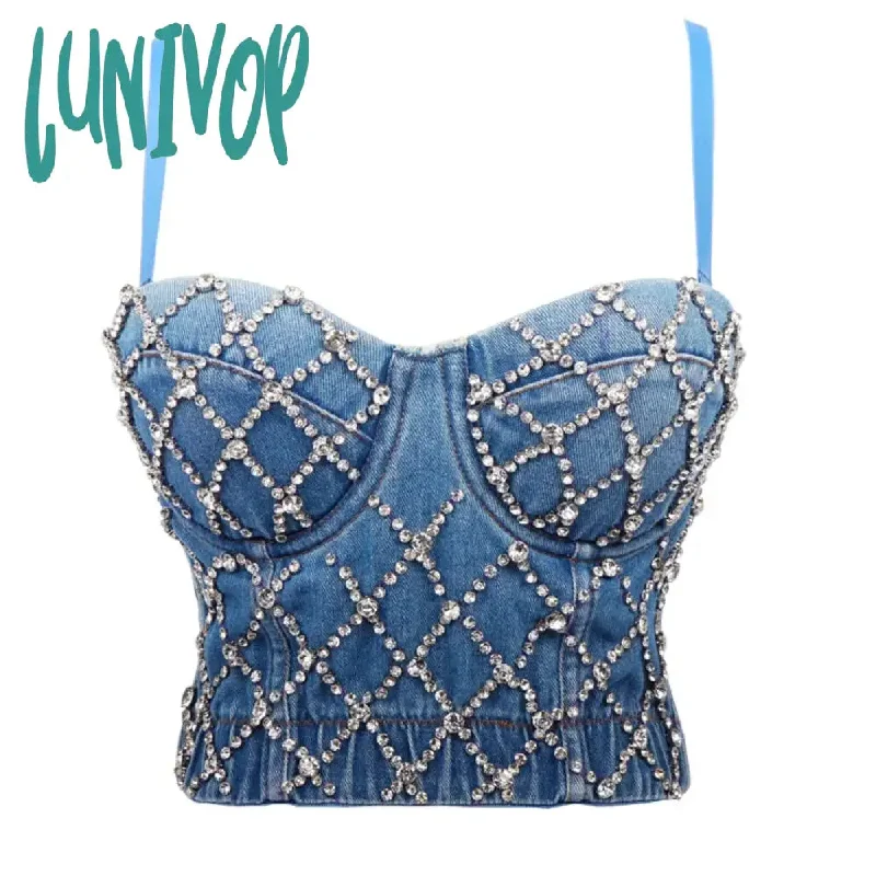 Lunivop  Rhinestone Elastic Denim Corset Tops Women Summer Sleeveless Body Shaping Crop Cami Tops Blue Denim Sparkly Bustiers Tee