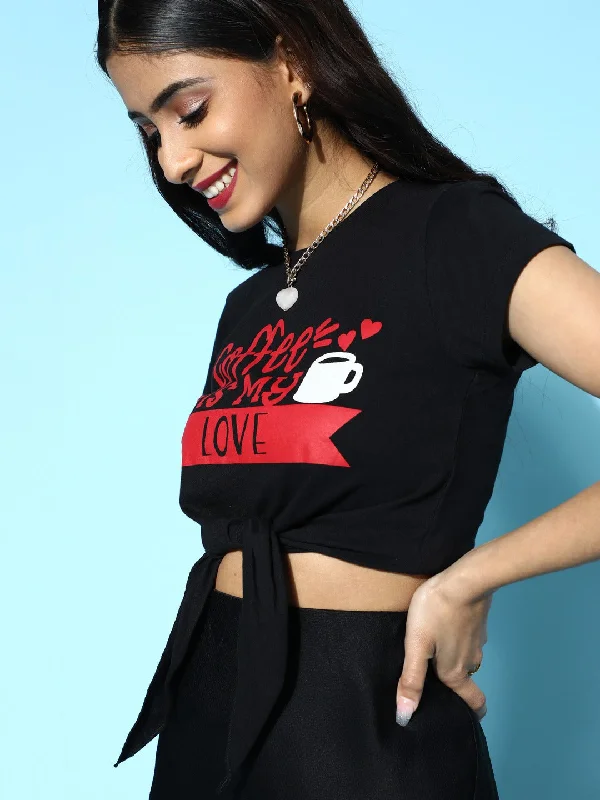 Black Coffee Is My Love Tie-Knot Crop T-Shirt