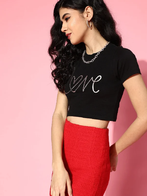 Black LOVE Foil Boxy Crop T-Shirt