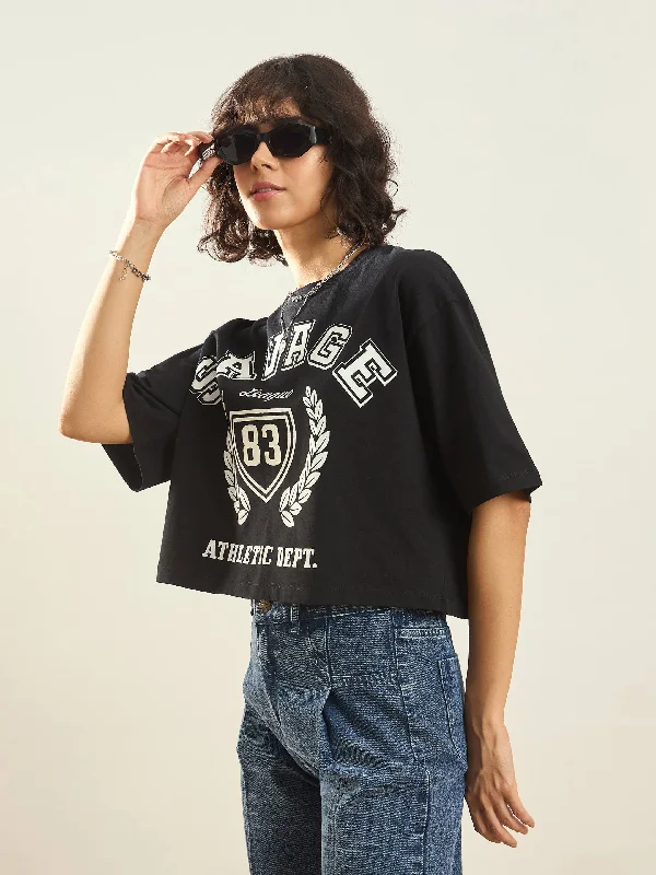 Women Black SAVAGE Printed Crop T-shirt