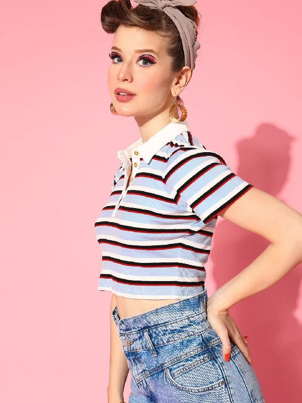 Women Blue Multi Striped Crop Polo T-Shirt