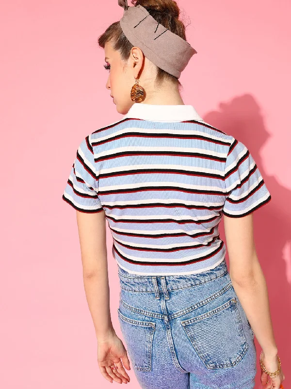 Women Blue Multi Striped Crop Polo T-Shirt