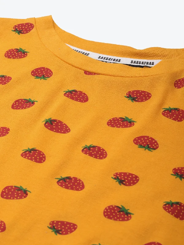 Women Mustard Strawberry Slim Fit Crop T-shirt