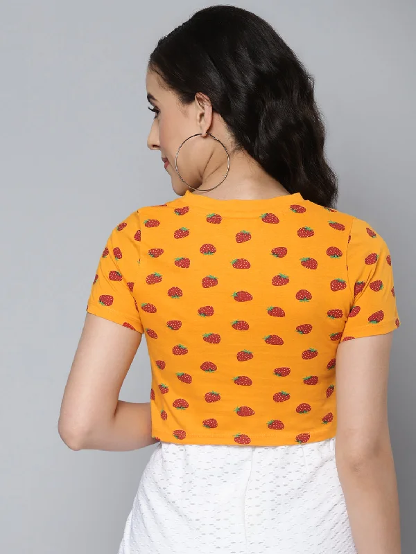 Women Mustard Strawberry Slim Fit Crop T-shirt