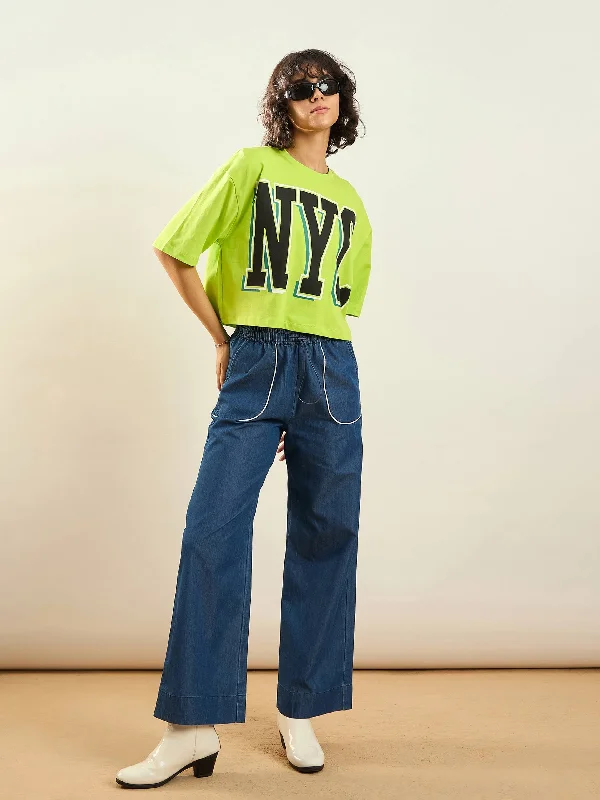 Women Neon Green NYC Printed Crop T-shirt