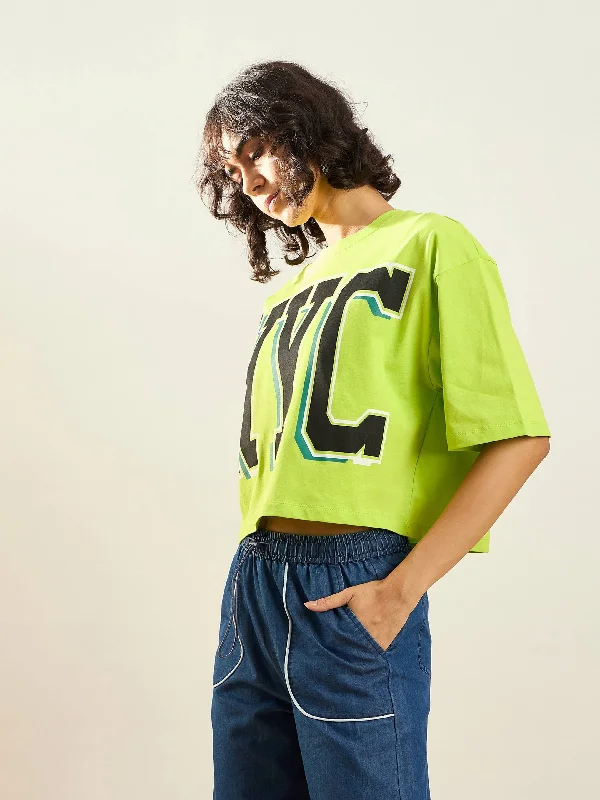 Women Neon Green NYC Printed Crop T-shirt