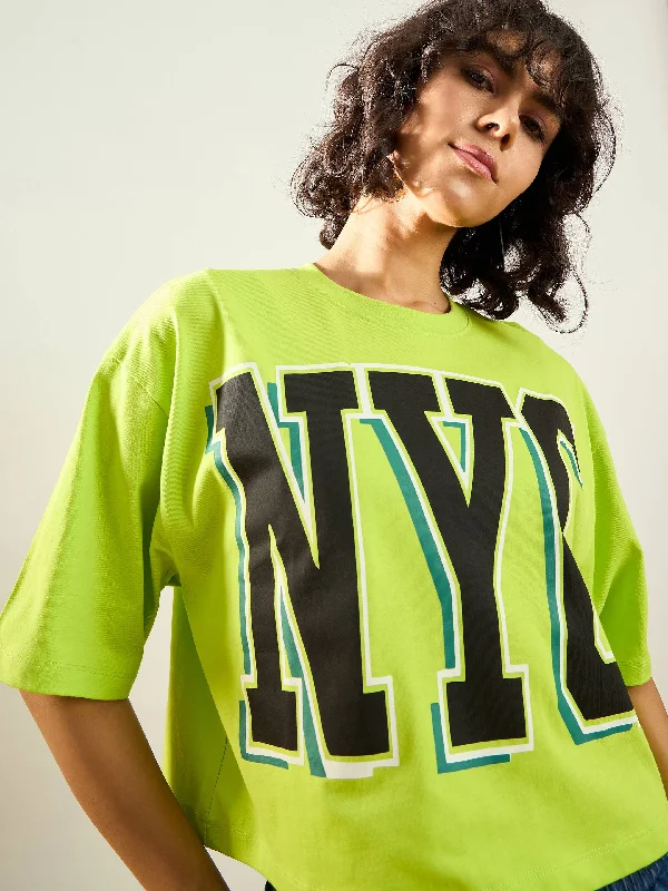 Women Neon Green NYC Printed Crop T-shirt