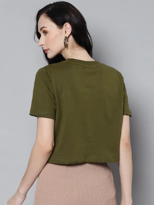 Women Olive Terry ACTIVE ENJOY THE NOW Crop T-Shirt