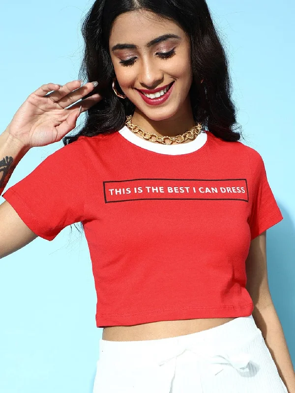 Red Contrast Rib Text Print Crop T-Shirt