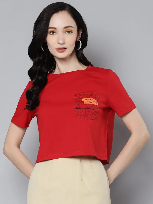 Women Red Newspaper Pocket Crop T-Shirt