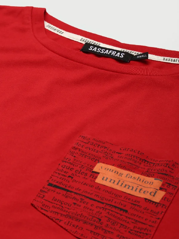 Women Red Newspaper Pocket Crop T-Shirt