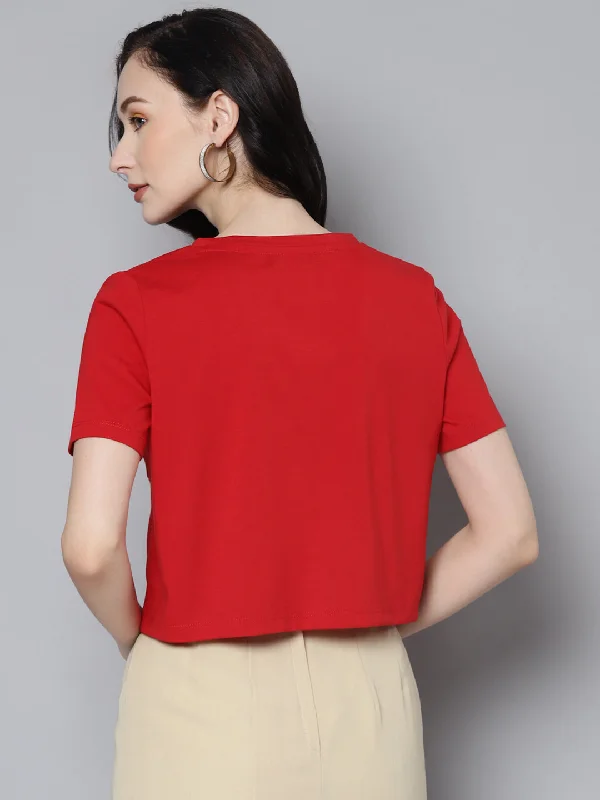 Women Red Newspaper Pocket Crop T-Shirt