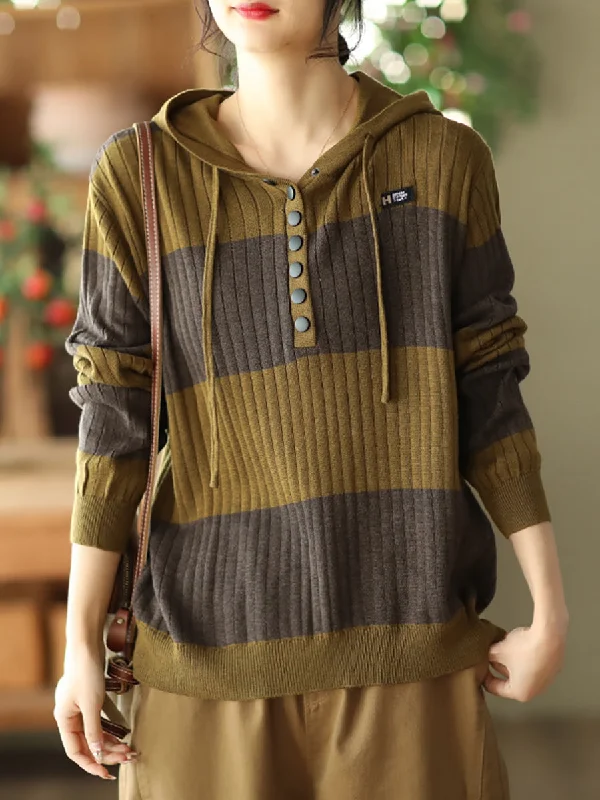 Women Spring Casual Stripe Button Loose Hooded Shirt