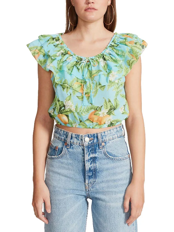 Womens Draped Collar Floral Print Cropped