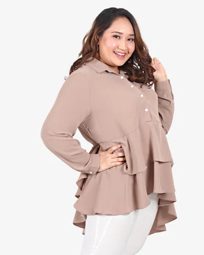 Thora Layered Tier Button Blouse - Khaki Brown