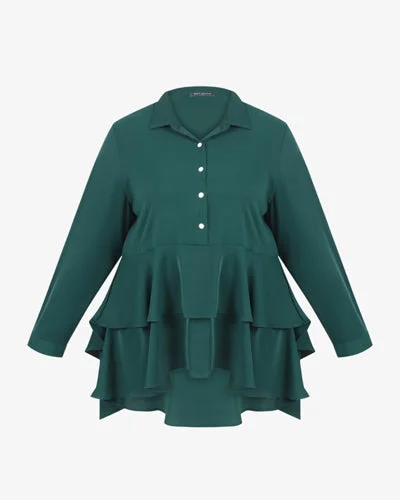 Thora Layered Tier Button Blouse - Dark Green