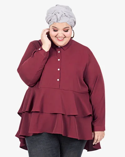 Thora Layered Tier Button Blouse - Marsala Red