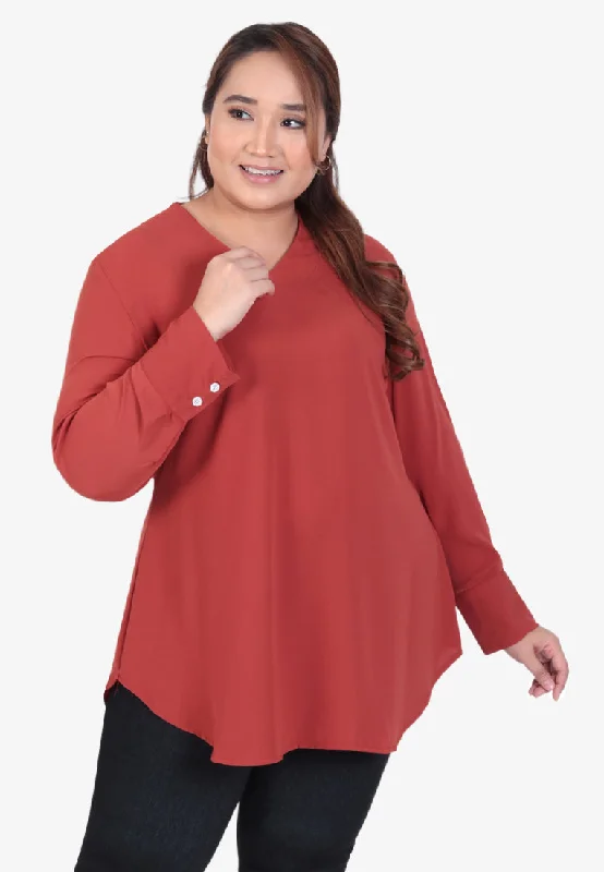 Vanya Minimalist V-neck Blouse - Burnt Orange