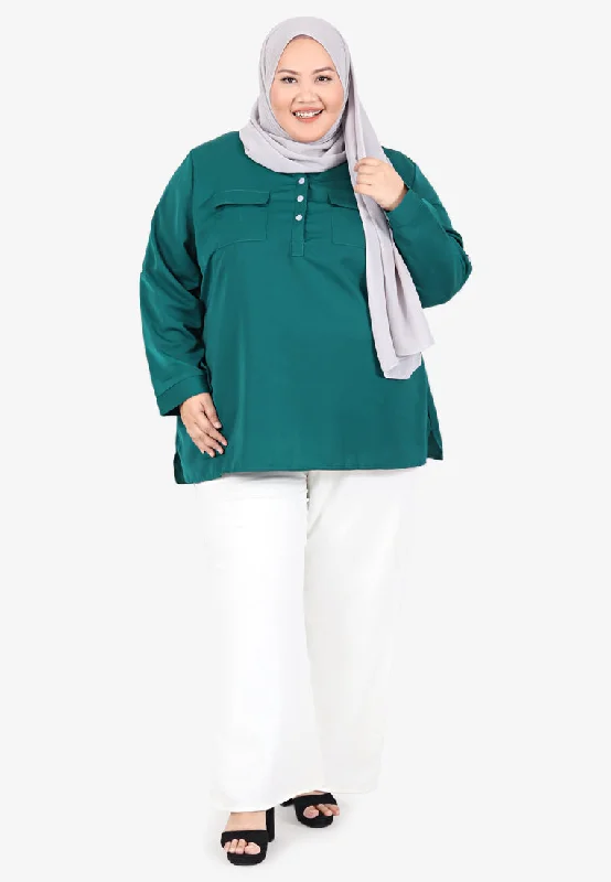 Shatell Stand Collar Half Button Blouse - Dark Green