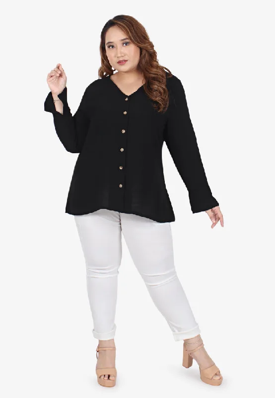 Bevie V-neck Drape Button Blouse - Black