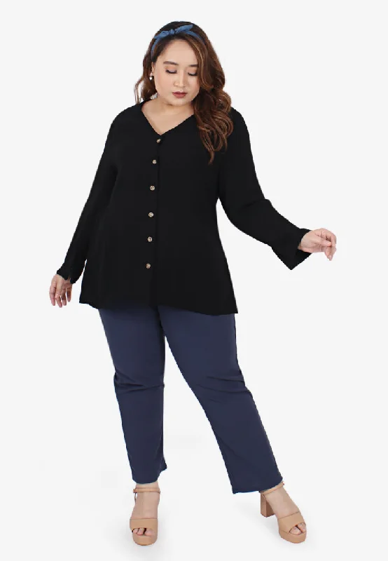 Bevie V-neck Drape Button Blouse - Black