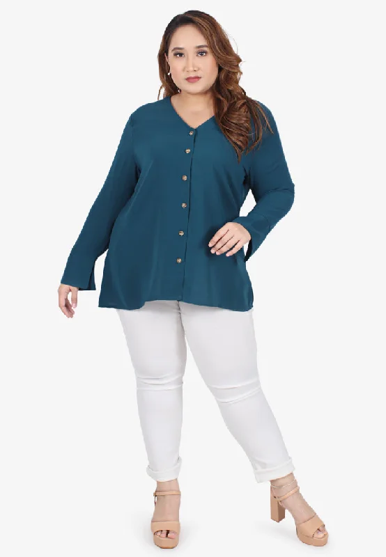 Bevie V-neck Drape Button Blouse - Teal