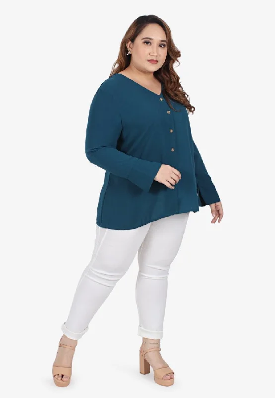 Bevie V-neck Drape Button Blouse - Teal