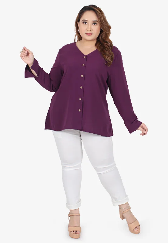 Bevie V-neck Drape Button Blouse - Purple