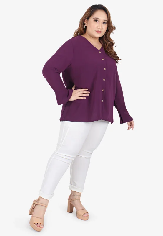 Bevie V-neck Drape Button Blouse - Purple