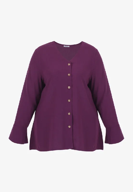 Bevie V-neck Drape Button Blouse - Purple