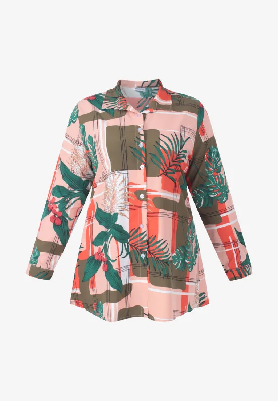 Begonia Plants Motif Print Collar Shirt - Pink