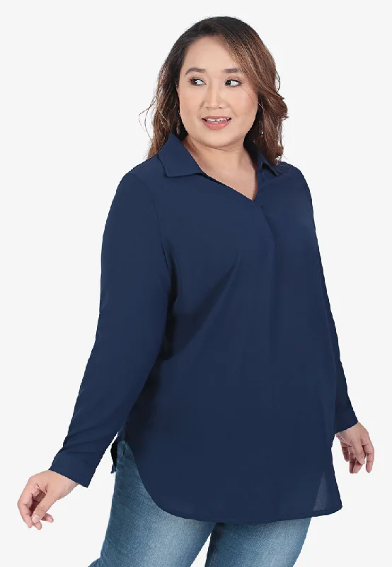 Denisia Skipper Collar Long Sleeve Blouse - Navy Blue