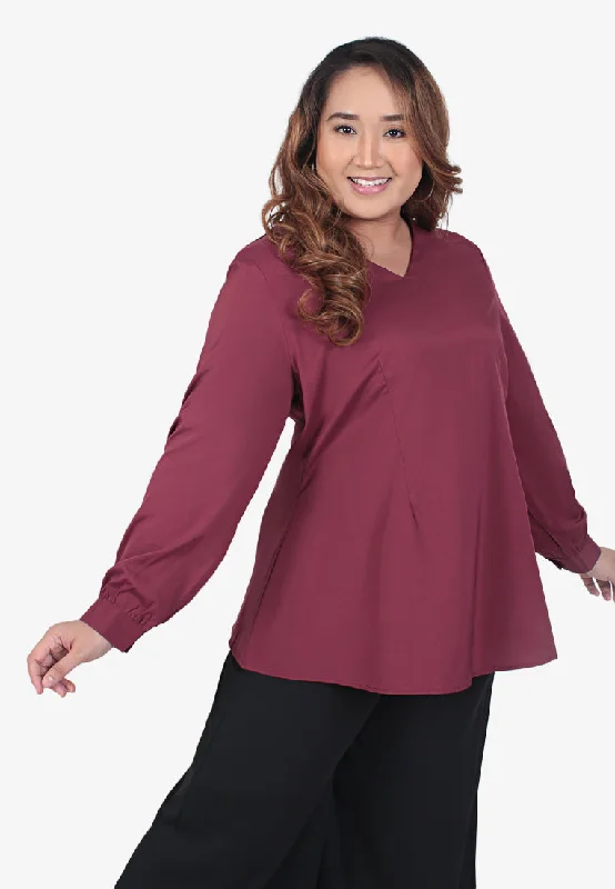 Whitley V-neck Flared Blouse - Maroon