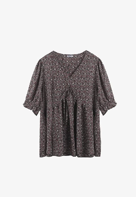 Valdeza V-neck Short Sleeve Printed Blouse - Dark Green