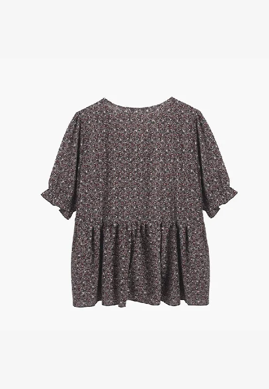 Valdeza V-neck Short Sleeve Printed Blouse - Dark Green