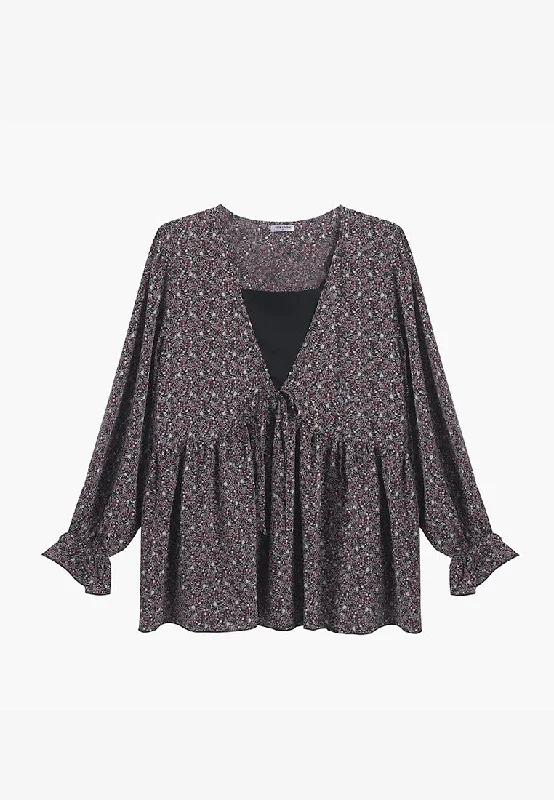 Valence V-neck Long Sleeve Printed Blouse - Dark Green