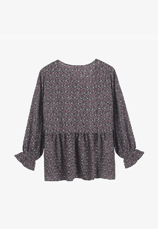 Valence V-neck Long Sleeve Printed Blouse - Dark Green