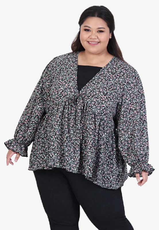 Valence V-neck Long Sleeve Printed Blouse - Black