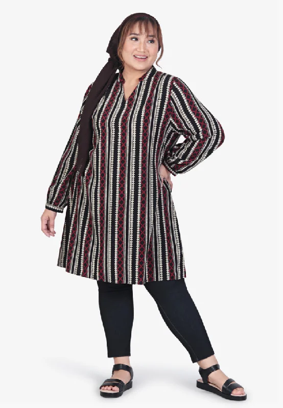 Evelene Ethnic Stripes Long Tunic Blouse - Black Red