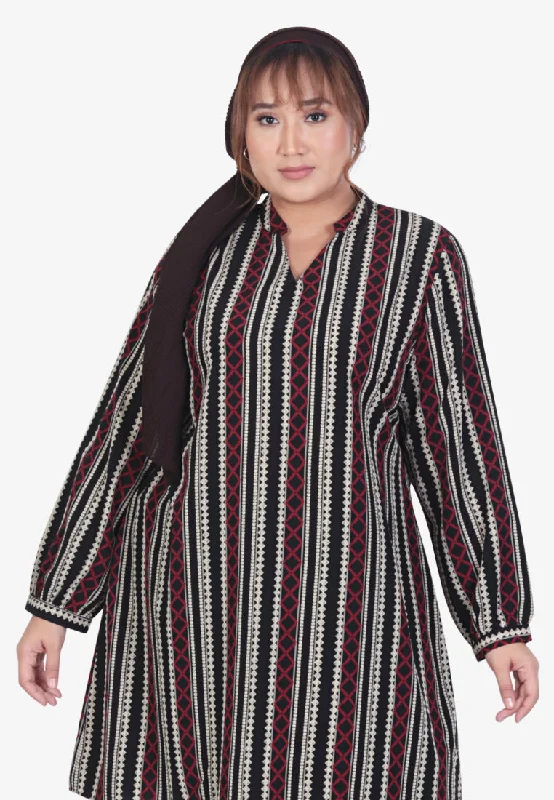 Evelene Ethnic Stripes Long Tunic Blouse - Black Red